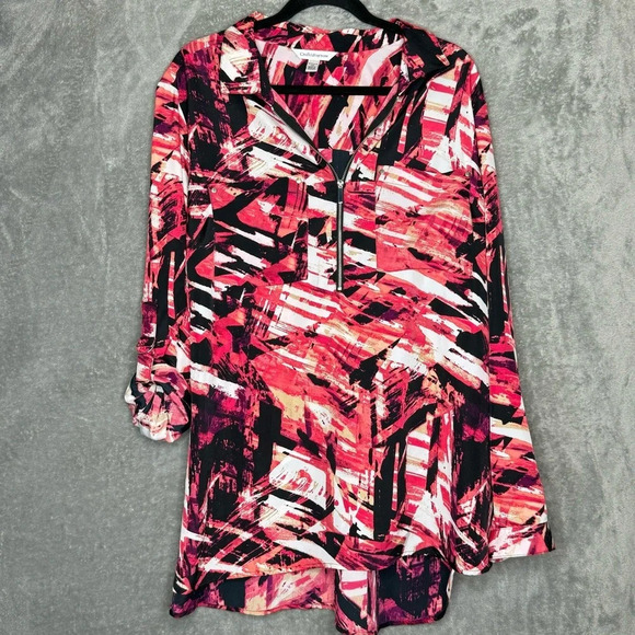 Croft & Barrow 2X Shirt Top Pink Abstract Tab Long Sleeve Zip V Neck High Low - Picture 1 of 9